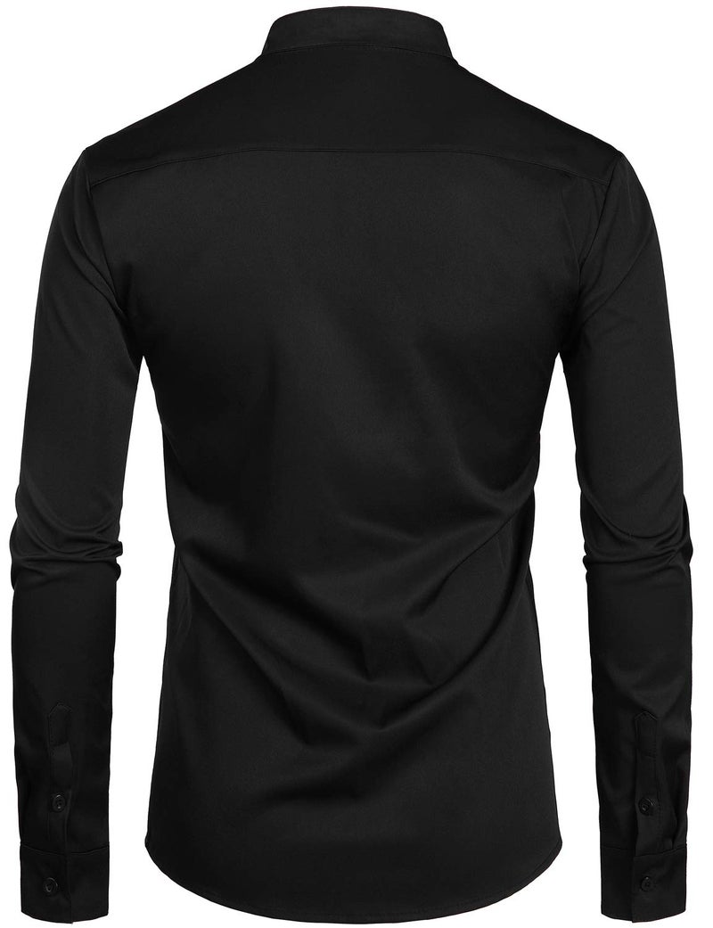 ZEROYAA Men's Banded Collar Slim Fit Long Sleeve Casual Button Down Dress Shirts with Pocket ZLCL09 Black Large - Image 2